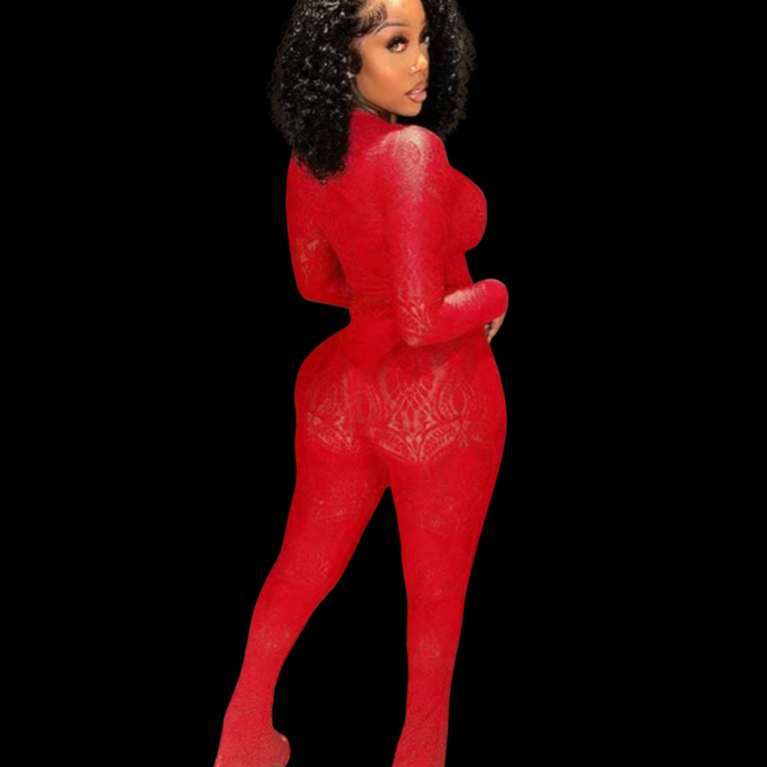 Red two piece lace bodysuit pant set