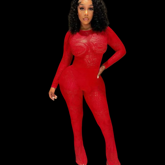 Red two piece lace bodysuit pant set